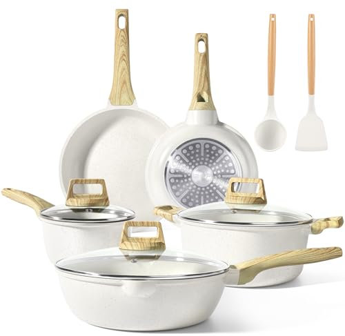 GiPP traje de olla antiadherente y pan, traje de cocina de inducción de 10 piezas, traje de cocina de granito antiadherente con sartén, saucepans, adecuado para todas las cocinas (Blanco, 10PCS-A)