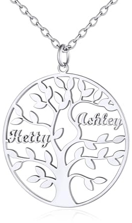 Custom4U Collier 2 Prénoms Gravé Arbre de Vie Pendentif 2 Noms d'arbre Généalogique à Graver Acier Inoxydable Bijoux Famille