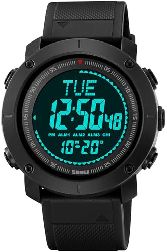 Militär Herren Uhr Kompass Digitaluhr Herren 5ATM Wasserdicht LED Große Digital Armbanduhr Herren Weltzeit 3-Wecker 12/24H Outdoor Sportuhren Männer Tactical Watch Coutdown Stoppuhr Jugendliche