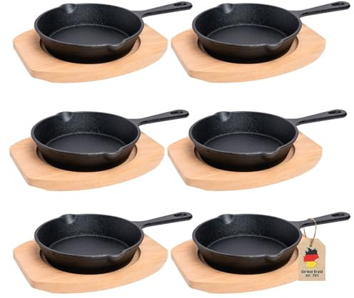 Intirilife 6x poêle en fonte 13.5cm - Poêle à frire en fer petit avec planche en bois et poignée, poêle de service pour BBQ, omelette, dessert, tapas, barbecue & four