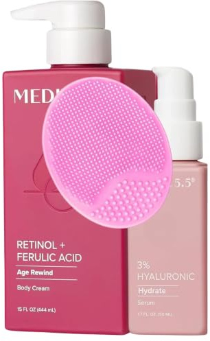 Medix 5,5 Retinol-Creme mit Ferulasäure-Körperlotion + 3 % Hyaluronsäure-Booster-Serum, 2 x 100 ml Silikon-Reiseflaschen, Hautpflege-Bundle | Zielt schlaffe Haut & Falten & Prosperina Karte