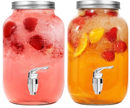 LIMILI 2 pcs 4 Litre Glass Drink Dispenser with Tap Stainless Steel, Beverage Dispensers, Glass Water Juice Dispensers with Tap Perfect for Home Party Picnics Birthdays Weddings