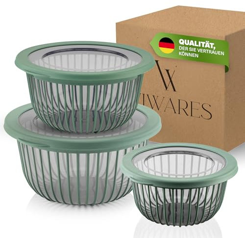 Viwares 3 Schüssel-Set mit Deckel stapelbar (6-teilig) - 1, 2, 3 L – BPA-frei– Für die Zubereitung von Teig und zum Servieren von Salaten, Brot, Gemüse, Rührschüssel Spülmaschinenfest, Grün