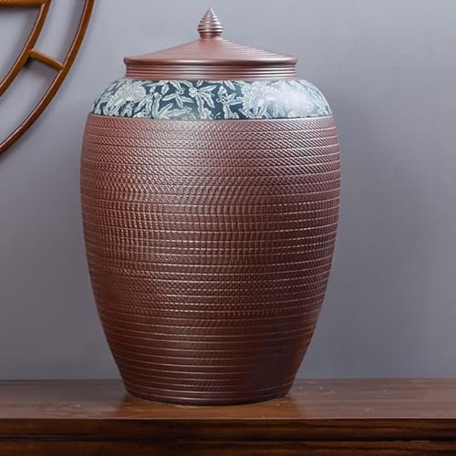 YVYKFZD Retro Ceramic Rice Bucket, Chinese Rice Container Rice Storage Box, Ceramic Rice Cylinder Grain Dispenser with Lid, Kitchen Food Storage Container, for Flour, Sugar, Oatmeal(50KG A)