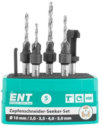 ENT 52480 Zapfenschneider-Senker-Set HW, Bohrer (D1) 3,0-3,5-4,0-5,0 mm, Versenker (D) 10 mm, E 90°, Zapfen 19x10 mm