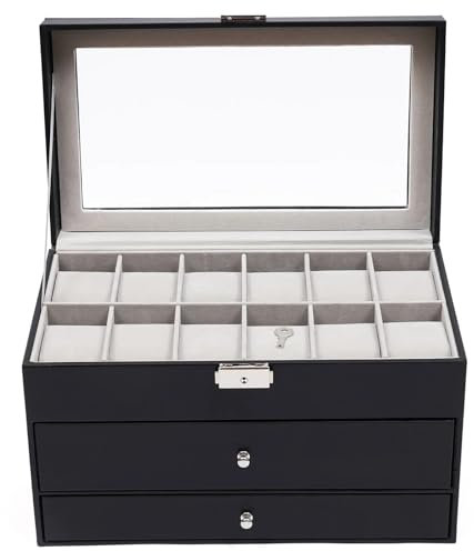 MNBFC Brillenbox 3-lagige Uhren-, Brillen- und Sonnenbrillenbox aus schwarzem Leder mit Schmuck-Display-Schublade und Metallschnalle Brillenkoffer