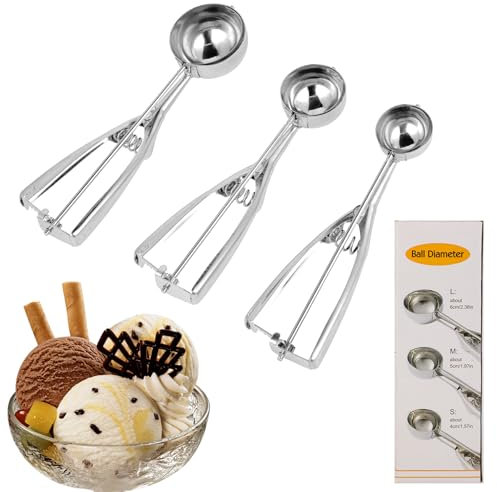 Eisportionierer Edelstahl – 3 in 1 Eislöffel Portionierer Set 4cm/5cm/6cm – Ice Cream Scoop – Geeignet Für Die Zubereitung Von Eisbechern, Eiswaffeln, Früchten