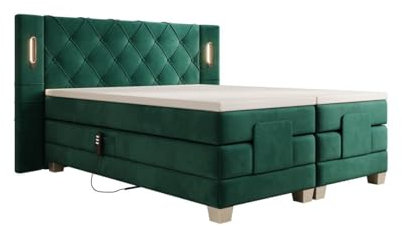 Luxusbetten24 Boxspringbett Livano Samt 180x200 elektrisch verstellbar mit LED | Bezug: Samt | Farbe: Grün | Härtegrad: H3 (70-100kg)