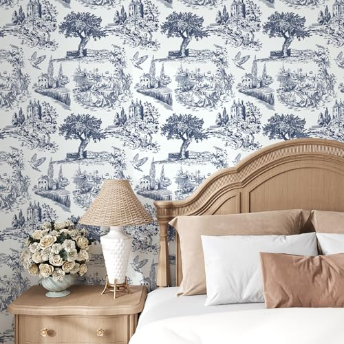 VaryPaper Papier Peint Illustration Manoir Vintage 44.5cmx200cm Film Adhesif pour Meuble Blanc et Bleu Marine Papier Peint Salon Chambre Adulte Couloir Sticker Meuble Adhésif Armoire Placard Tiroir