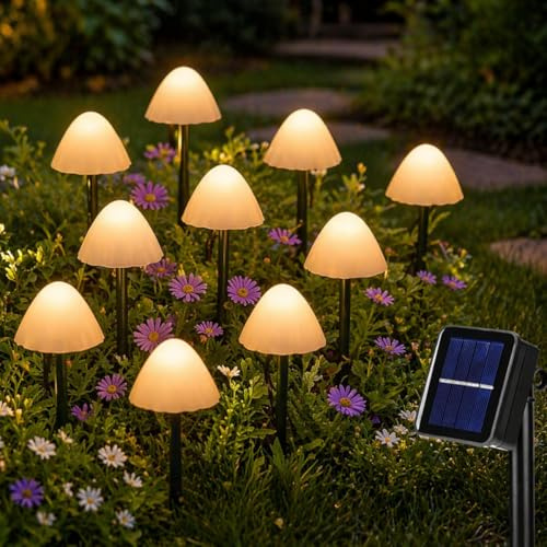 Festive Lights Lot de 10 lampes solaires en forme de champignon (2 m de longueur éclairée) avec panneau extérieur – 20 cm de hauteur, LED blanc chaud, capuchons perlés, fonction extérieure résistante