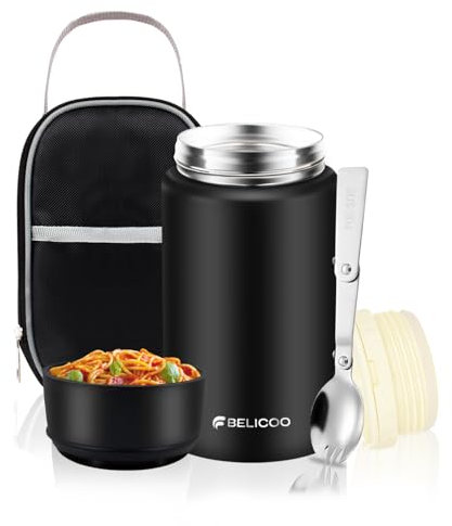 BELICOO Food Flask, 750ml (26oz) Stainless Steel Vacuum Insulated Food Container, Food Flasks for Hot/Cold Food, Leak Proof Soup Containers with Bag & Spoon (Black)