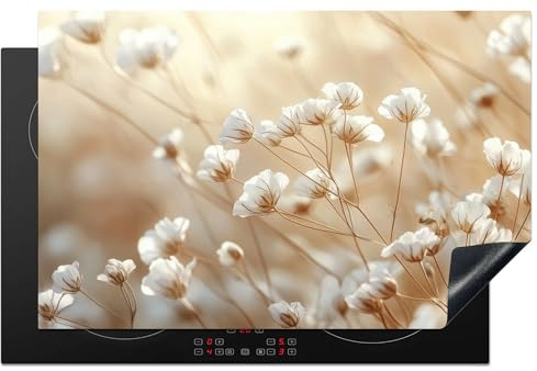 KitchenYeah© Herdabdeckplatte Einteilig Küche Herdabdeckung Induktionsfeld | 80x52 cm - Ceranfeld Herdabdeckplatten Vinyl Matte Aufrollbar Wild - Blume - Weiß