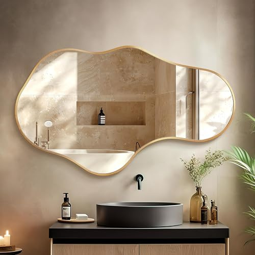Fahomiss Unregelmäßiger Wandspiegel 55 * 90 in Gold – Asymmetrischer Spiegel mit 4 mm bruchsicherem Glas und Aluminiumrahmen, dekorativ für Bad, Schlafzimmer, Ankleidezimmer