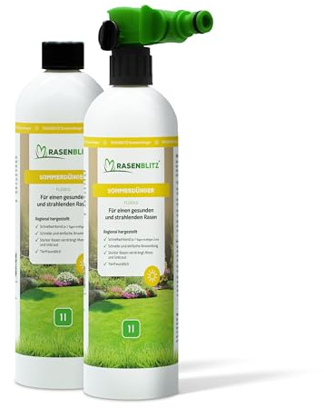 RASENBLITZ Rasendünger Sommer flüssig 2 L – flüssiger Rasendünger für starken Rasen trotz Hitze – ideal zur Ergänzung zu Rasensamen – inkl. Sprühflasche – Anwendung direkt am Gartenschlauch