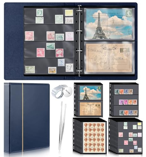 Lewtemi Juego de álbumes de colección de sellos, incluye 20 páginas, carpeta de álbumes, pinzas y lupa de bucle, suministros de recogida para coleccionistas (azul, 1/2/3/4 filas)
