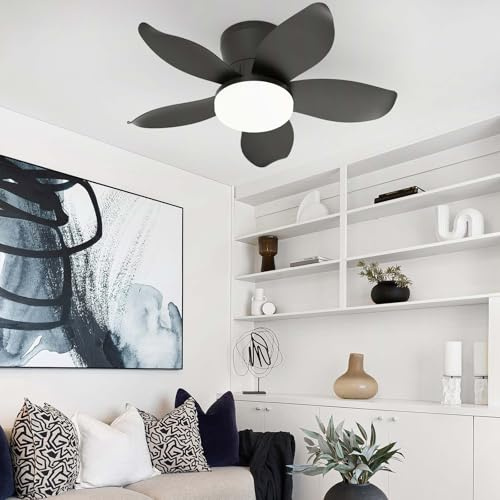 YFHKWJ 65CM Moderno Pequeño Ventilador De Techo Con Luz Y Mando A Distancia APP, 6 Velocidades & Temporizador, Motor DC 5 Aspas Lámpara Ventilador Techo Para Dormitorio/Salón/Comedor-Black
