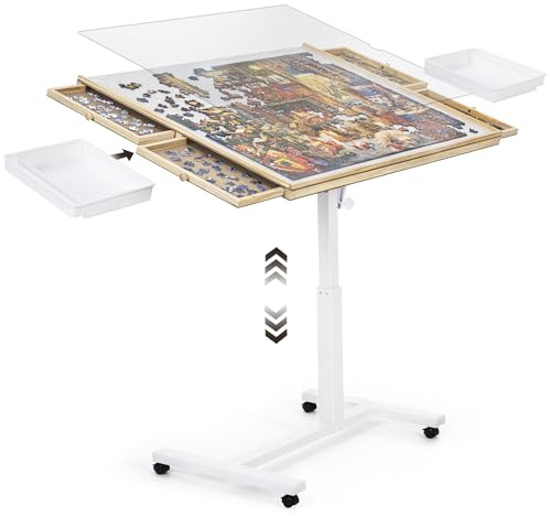 ropoda 1500 PCS Jigsaw Puzzle Table with Drawers and Single-Pedestal | 35x 26.8 Angle & Height Adjustable Wooden Puzzle Board with 6 Drawers &Cover& 4 Roller Wheels