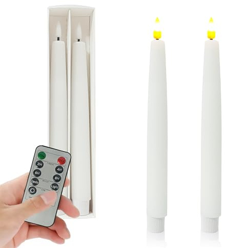 SSY LED Stabkerzen 2 Stück Weiß Taper Design–Flackernde Flamme LED Kerzen mit Fernbedienung&Timer–Batteriebetriebene Elektrische Stabkerzen Set für Weihnachten, Hochzeit, Dinner&Wohnkultur