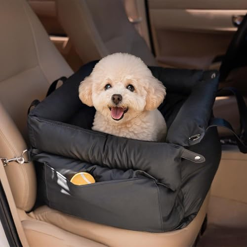 Asiento de coche para perros pequeños, asiento elevador para perros de 10 kg, cama pequeña de espuma viscoelástica para el coche con compartimentos de almacenamiento y correa de seguridad fijable
