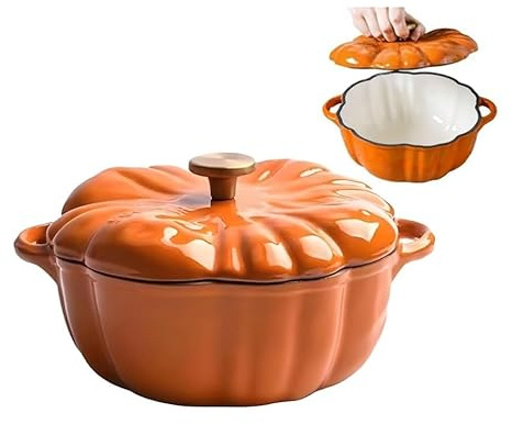 Pentola for cottura a forma di zucca, pentola in ghisa smaltata, forno olandese con coperchio, pentola for brodo, contiene 2-3 porzioni, antiaderente, adatta a tutti i piani cottura(20cm)