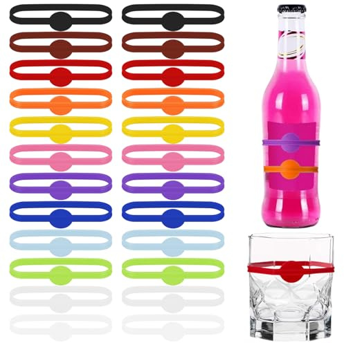 BOGCLEE 24 Pièces Marqueurs de Verre, Marqueur de Boisson en Silicone, Marqueurs de Verre à Vin en Silicone Réutilisables et Inscriptibles pour Les Fêtes, Mariage, Bar