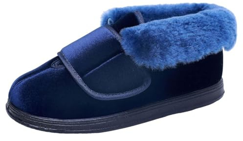 Scarpe Extra Larghe da Donna con Chiusura a Strappo Regolabile Pantofole Invernali Calde con Pelo Pelliccia per Diabetico (Velluto blu, L, Adulto, 38, Numero, Sistema Taglie Calzature EU, X-Larga)