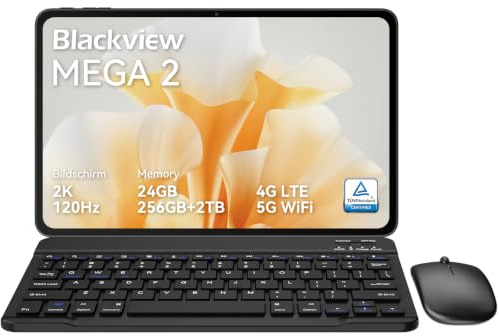 Blackview 12 Zoll Tablet mit Tastatur Maus Stift, 2K FHD+ Großes Display | Android 15, 24GB RAM 256GB ROM(Auf 2 TB erweiterbar), Gemini AI, 9000mAh, SIM 4G, 5GHz WiFi, 16MP+8MP, FACE ID, WidevineL1