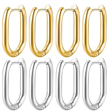 Mochity 4 Paires Boucles d'Oreilles Ovales Pour Femmes, Boucles d'Oreilles Créoles En Acier Inoxydable, 16-25mm Creole Ovales, Créoles Or Argent, Bijoux Femme (Or + argent, 21 mm)