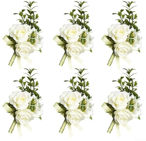 Gettimore Elegante set di 6 rose in seta con fiore artificiale, per bouquet da sposa e bouquet, colore bianco, 10 x 12 cm, decorazione per damigella d'onore