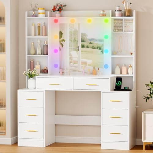 SOLCRESTIA Schminktisch mit LED Beleuchtung großem Spiegel & Kosmetiktisch Frisiertisch mit dimmbarer Beleuchtung, USB Ladestation, verstellbaren Ablagen, großer Schublade (Large 1)