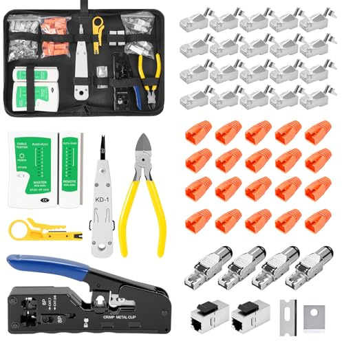 Ghekkli Netzwerk Werkzeug Set, Crimpwerkzeug-Set RJ45 für Cat5 Cat6 Cat7, 20 Anschlüssen, 4 x Cat7-Netzwerkstecker, LSA-Verbindungswerkzeug, Netzwerktester für RJ45, RJ11, RJ12 Kabel