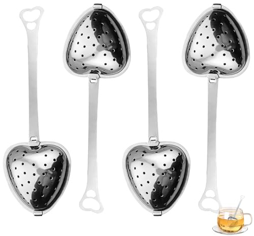 4 Stück Herzförmiges Tee Ei aus Edelstahl – Rostfreies Tee Zubehör Set als Teeei für Losen Tee mit Griff, Wiederverwendbarer Teesieb-Ball für Tasse & Kanne