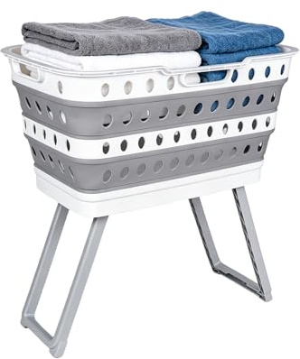 Collapsible Laundry Basket, Washing Basket with Legs, 43L, Plastic, Grey
