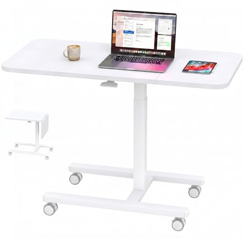 Klyvvo 100cm Höhenverstellbarer Beistelltisch Großer Platte, Weiß | Computertische mit Rollen, Gasdruckfeder, C förmiger Laptoptisch, mobiler Tisch für Wohnzimmer, Schlafzimmer