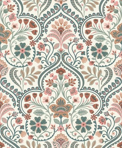Rasch Vliestapete Blumen-Ornamente - Landhaus Vinyl-Tapete Botanisch in Weiß Blau Rosa für ein natürliches Wohnambiente - Robust und Abwaschbar - 10,05 m x 0,53 m