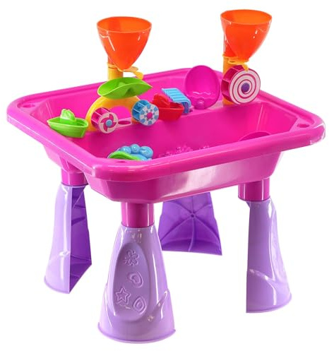 The Magic Toy Shop Sand and Water Table, 23-Piece Set, Pink – Includes Watering Can & Accessories, Two Compartments & Drainage – Kids Outdoor Play Equipment for Messy Sandpit Play