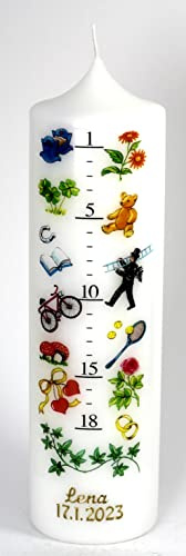 Kindergeburtstagskerze 1-18 Jahre (Foliendruck) inkl. Beschriftung goldfarbig oder silberfarbig, 25x7 cm - 2543 - mit Namen und Datum - Lebenskerze 1-18 Jahre, inkl. Karton zur Aufbewahrung
