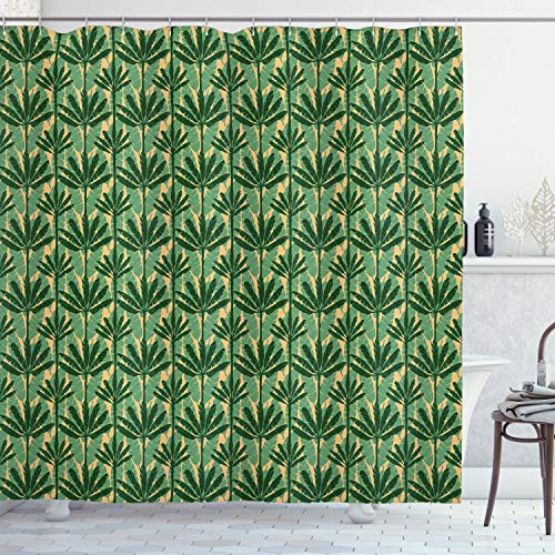 Ambesonne Banana Leaf Shower Curtain, Overlapping Windmill Palm Trees and Leaves Pattern, Cloth Fabric Bathroom Decor Set with Hooks, 69 W x 70 L, Emerald Jade Green and Pale Yellow
