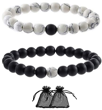 SwirlColor Couple Armband Schwarz Matt Achat Weißer Howlith Beste Freunde Beziehung Paare Distanz Perlen - 2Tlg