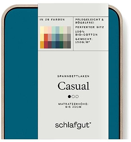 Schlafgut Casual Spannbettlaken 140x200cm bis 160x200cm - 100% Biobaumwolle, Oeko-TEX Zertifiziert, Petrol Deep, Matratzenhöhe bis 25cm