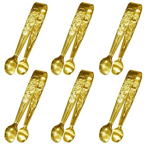 6PCS Mini Serving Tongs, 4Inch Rose Stainless Steel Sugar Cube Tong, Sliver Small Ice Tongs for Tea and Coffee Party, Appetizers, Desserts by Sunenlyst (6PCS Gold)