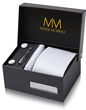 Massi Morino slips med näsduk i set för herrar inkl. manschettknappar, slipsnål och presentförpackning I slipsset herr för bröllop, Vit kvadrat, En Storlek