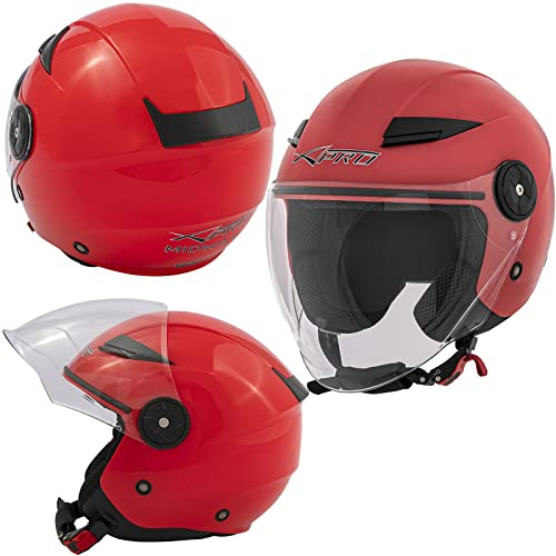 A-pro Jet Moto Casco Scooter Certificado ECE 22 City Visera Larga Rojo S