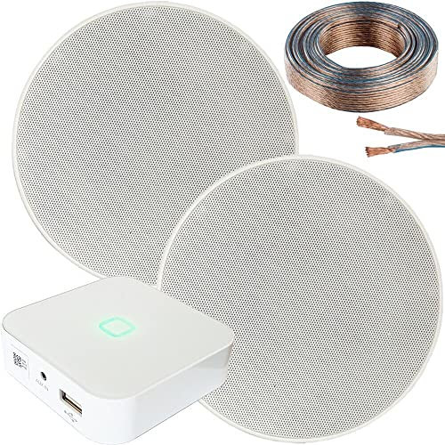 80W Speaker System - Compact WiFi Stereo Mini Amplifier - 2x 70W 5.25 Slim/Low Profile Ceiling Speaker Kit - App Controlled Wireless Music Streaming Amp