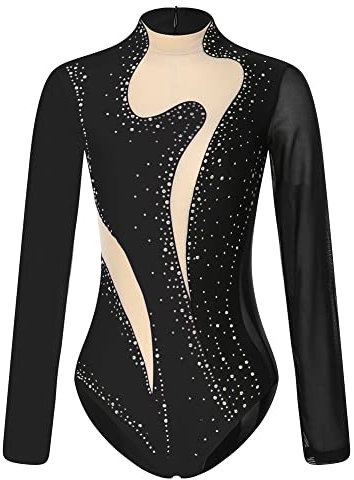 iEFiEL Damen Langarm Turnanzug mit Glitzer Strass Tanzbody Einteiler Tanzanzug Sportlich Leotard Ballett Trikotanzug Wettbewerb Tanzkostüm Schwarz M