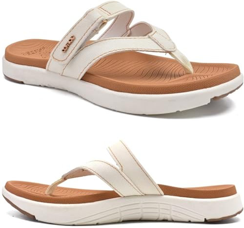 COFACE Flip Flops Damen Orthopädische Leder Stoff Leicht Zehentrenner Frauen Bequeme Plantarfasziitis Fussbett Breite Füße Badelatschen Sommer Strand Zehensandalen Rutschfest Gummi Sohle Weiß Khaki 41