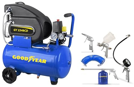 Goodyear – Compresor de Aire 24L 2HP 8 Bar 188 L/min con Kit 5 Accesorios (Inflado, Soplado, Pintura, Petroleado, Manguera 5 m) – Eléctrico Portátil para Bricolaje y Taller