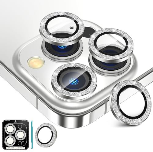 Fewdew 3+1 for iPhone 15 Pro Max/iPhone 15 Pro Camera Lens Protector, 9H Tempered Glass [Anti Scrach] Metal Individual Ring Camera Screen Protector Cover for iPhone 15 Pro/Pro Max,Silver Glitter