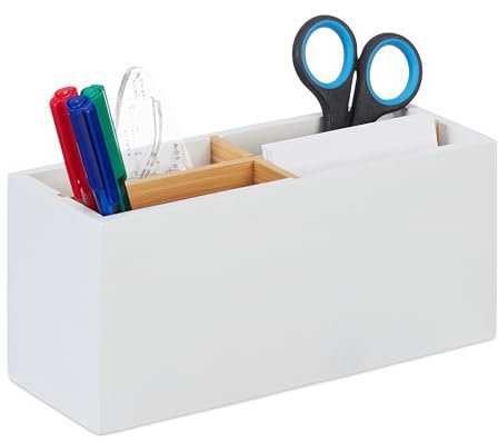 Relaxdays Schreibtisch Organizer, Bambus, 4 Fächer, für Bürobedarf & Kosmetika, Stiftehalter, HBT: 8 x 21 x 9 cm, weiß