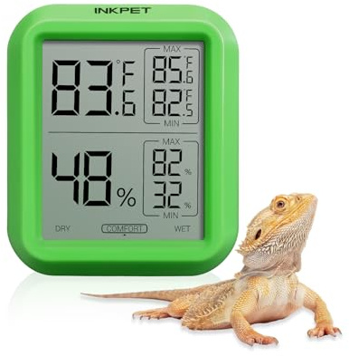 INKPET Reptile Thermometer Hygrometer with Max/min Record High-Accuracy Digial Display Ideal for Reptile Terrarium, Tank, Pet Rearing Box, Bearded Dragon, Leopard Gecko
